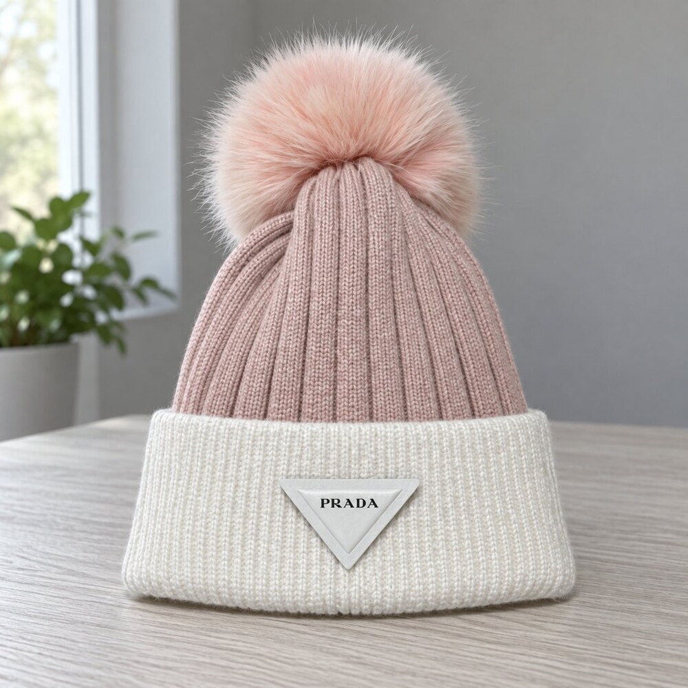 Prada Pink White Pom Pom Knit Beanie